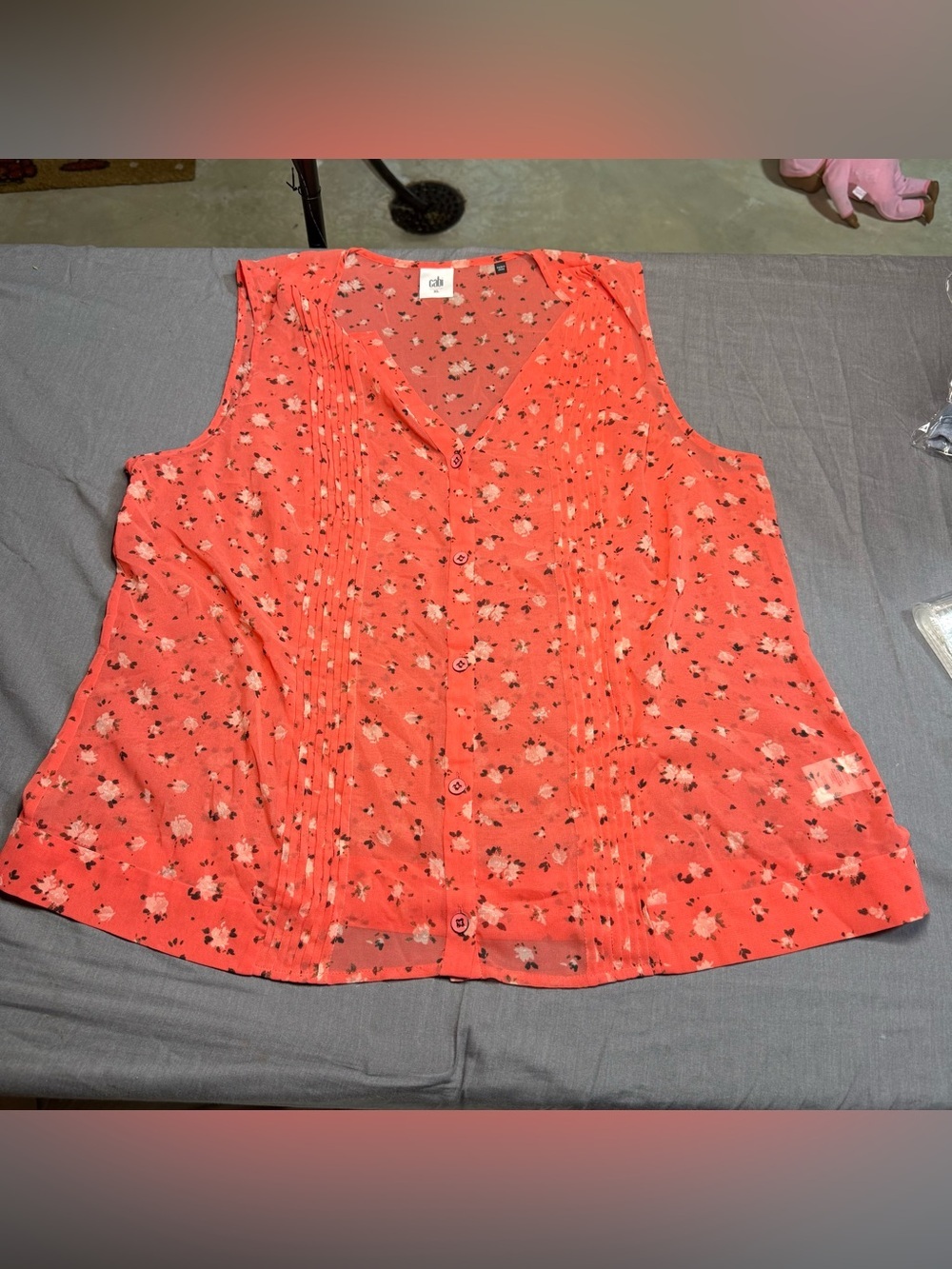 CAbi Coral Pink Floral Sleeveless Pintuck Button-Up Top